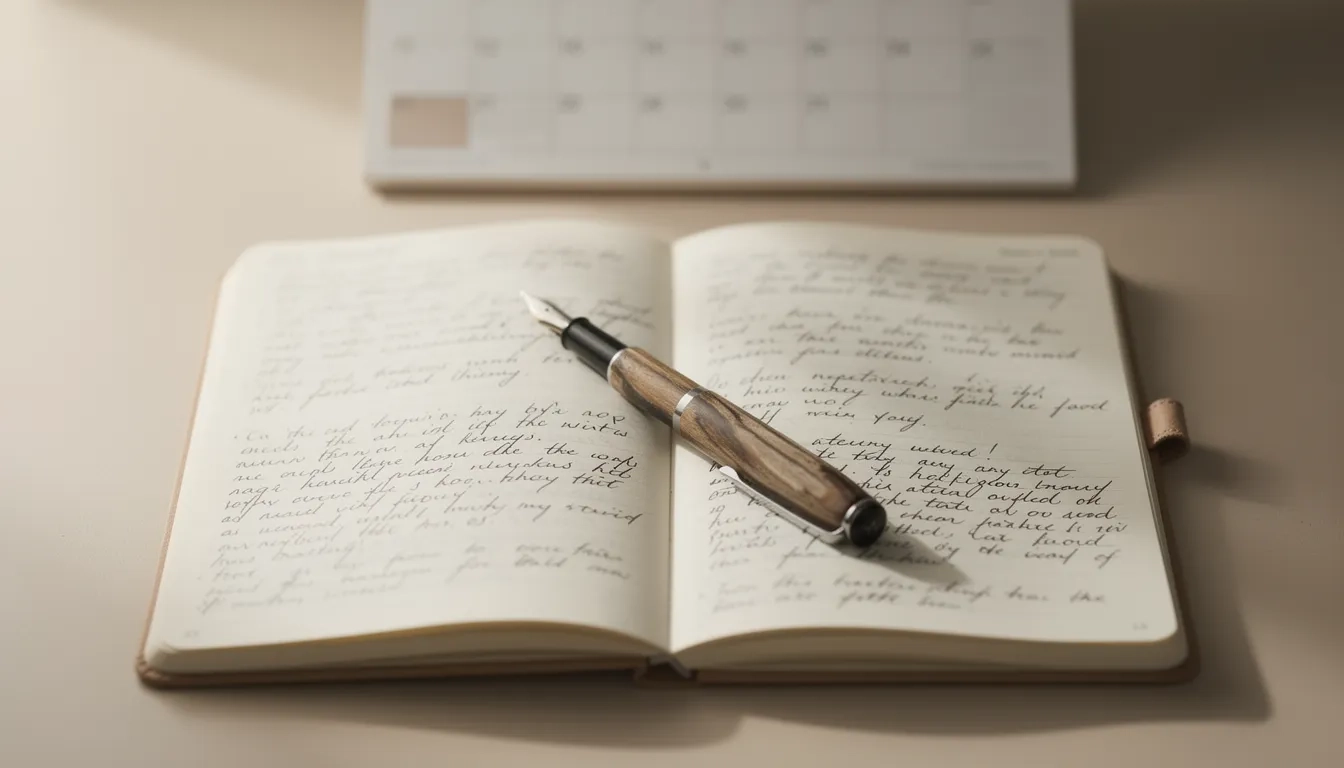 Open notebook and pen on a desk with a calendar showing multiple months in the background