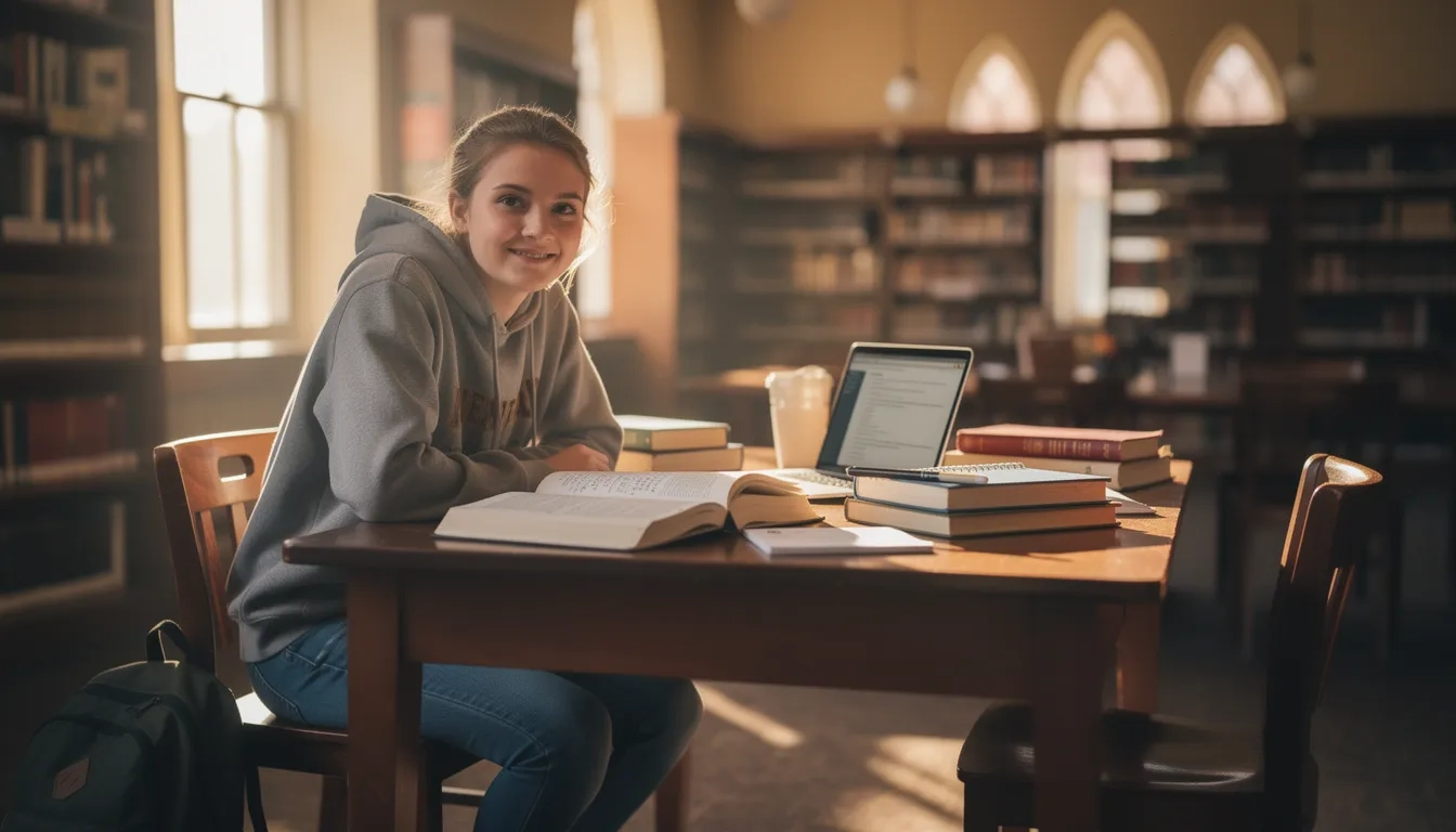 College sophomore studying scholarship opportunities at a library
