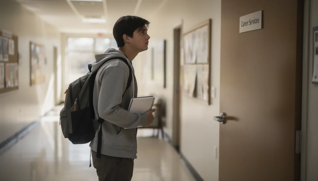 College student hesitating outside a career center office door
