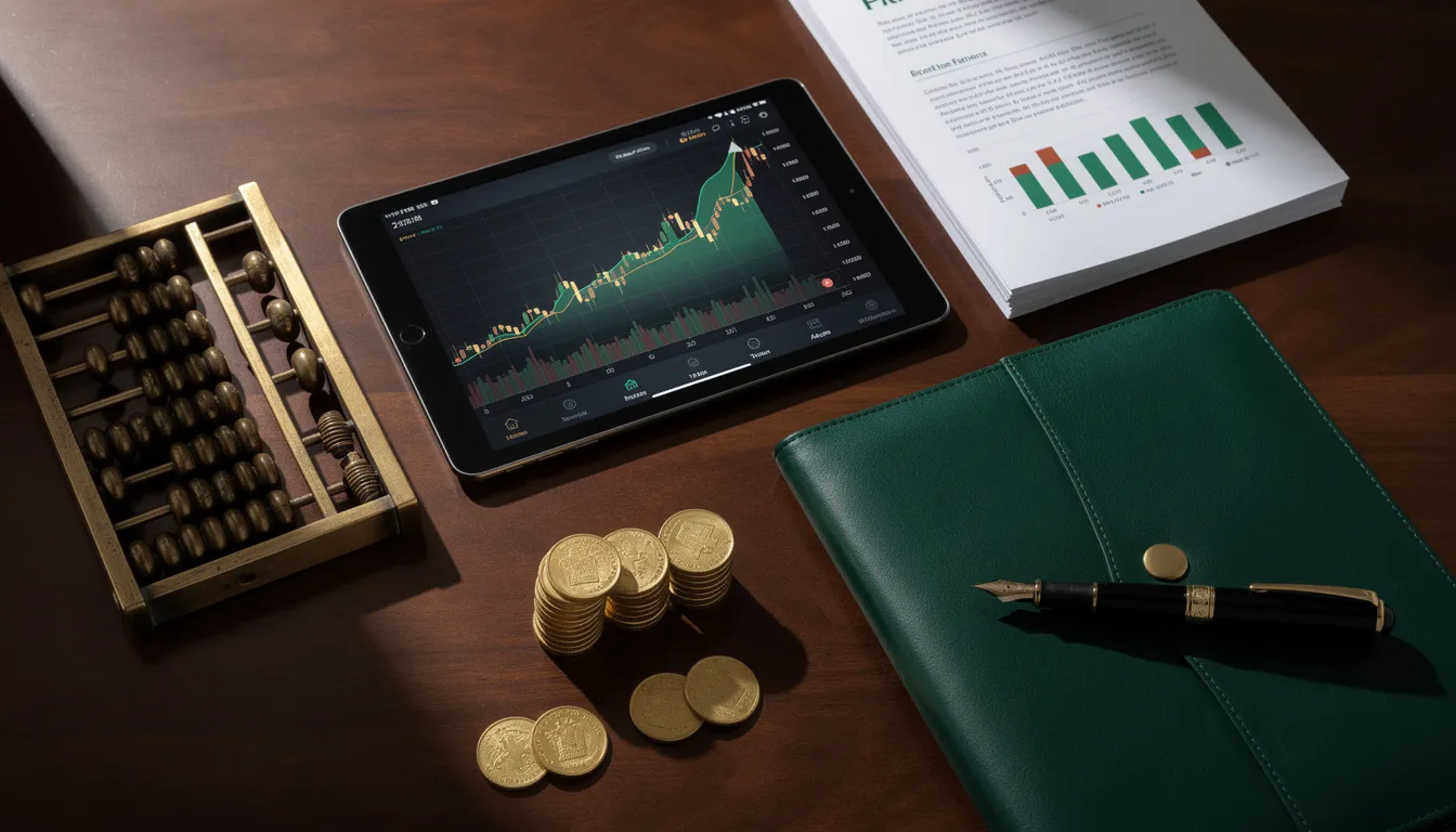 Finance desk with abacus, stock charts on tablet, and financial reports