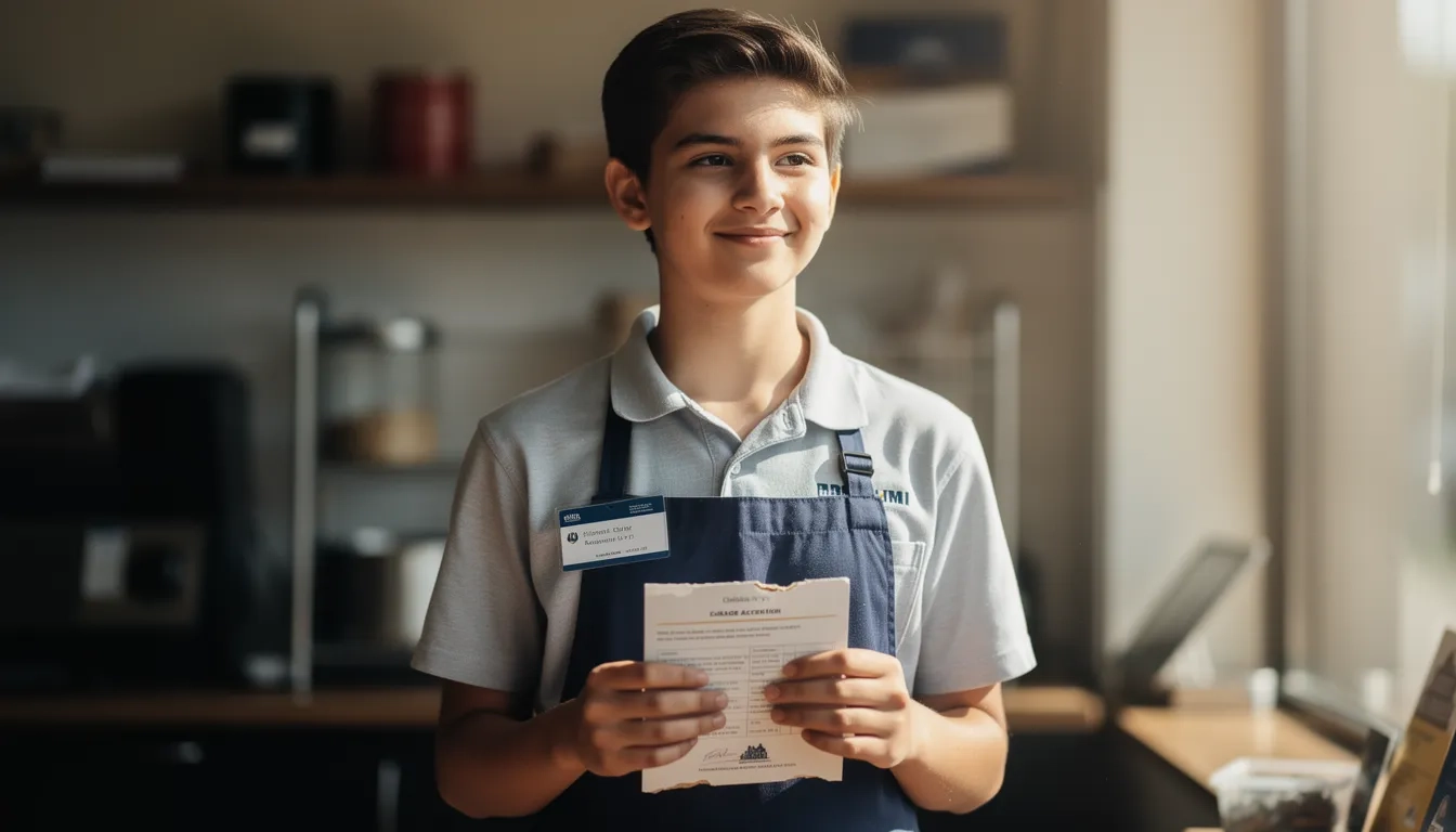 A high school student working a part-time job while holding college materials