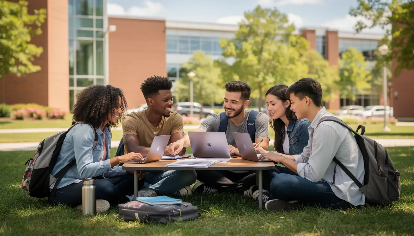 Community college students collaborating on scholarship applications