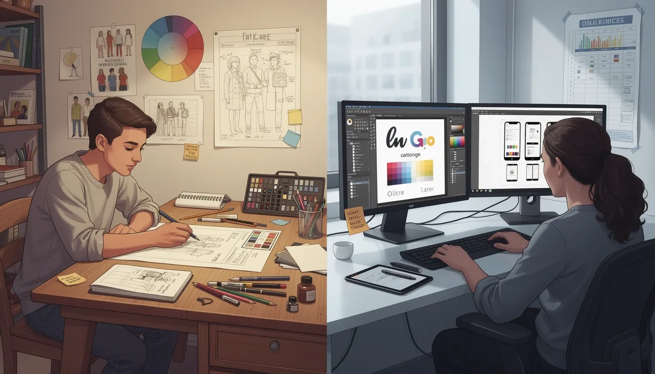 Two graphic design students working side by side — one with traditional tools, one with digital software