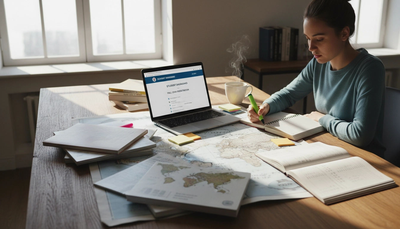 Student planning study abroad academics at a desk with maps and course materials