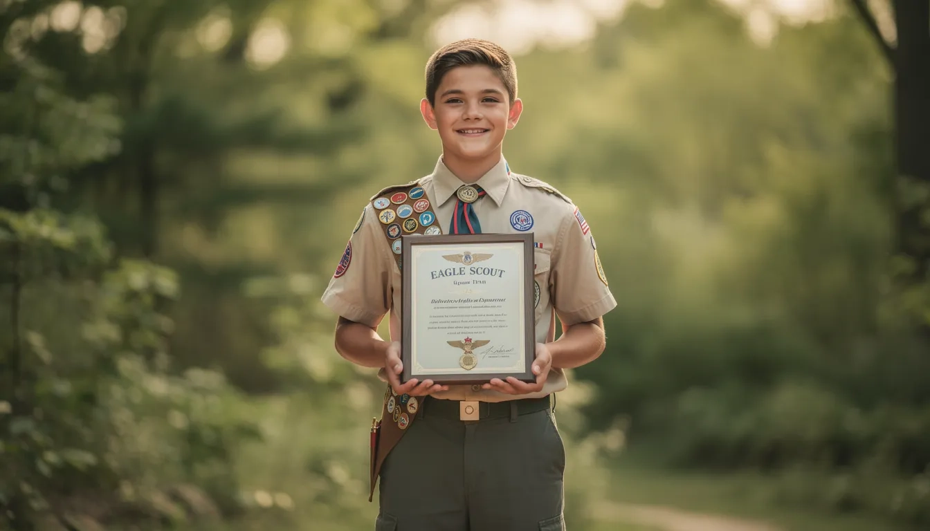 Eagle Scout in uniform holding an Eagle Scout certificate