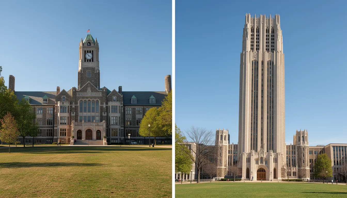 Penn State Old Main and Pitt Cathedral of Learning side by side