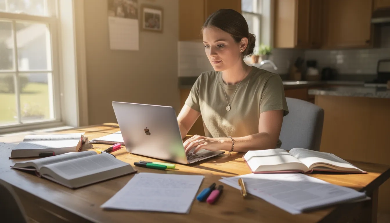Military spouse studying at home with laptop and textbooks
