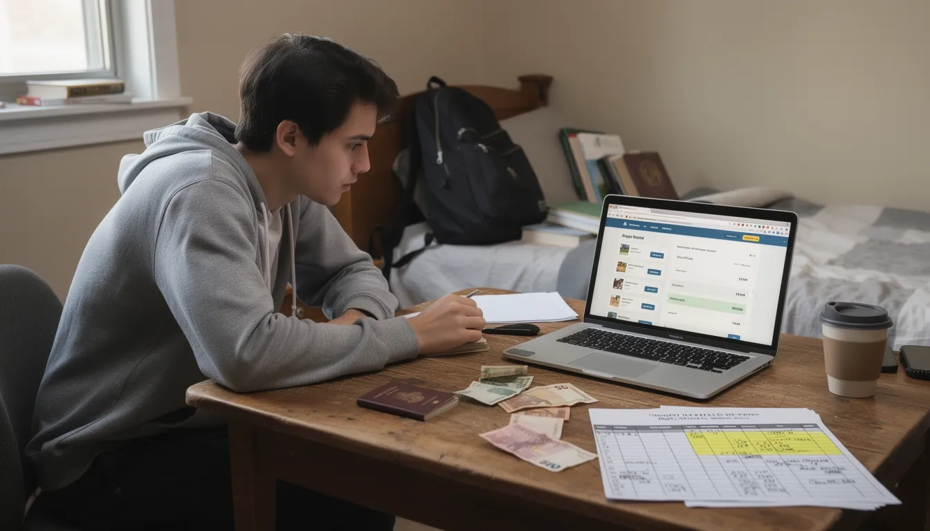 Student planning a study abroad trip on a budget at a desk