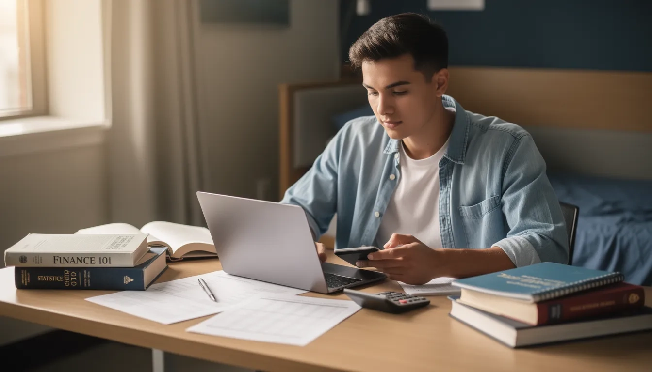 College accounting major studying at a desk with financial documents