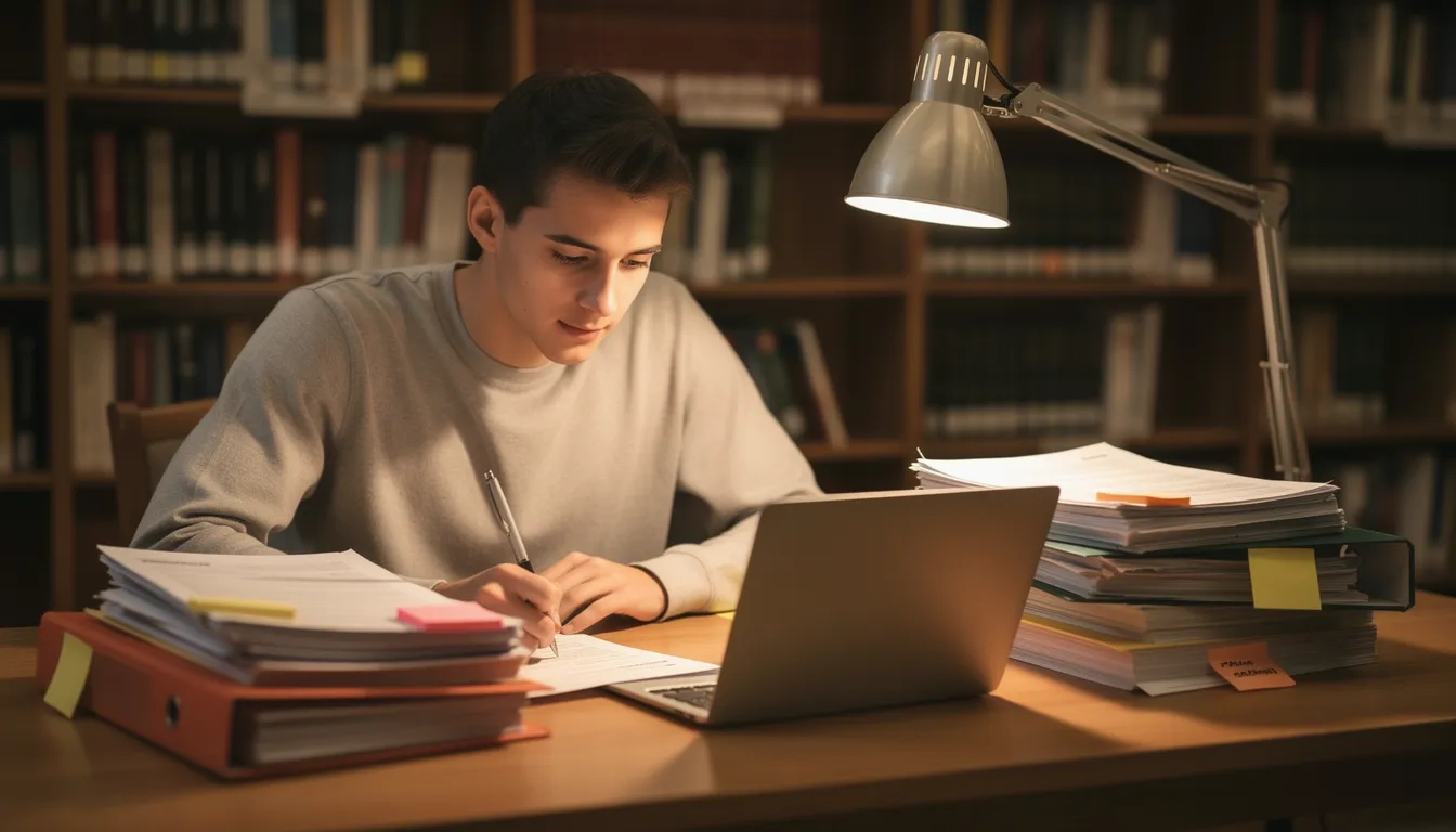 College student organizing business scholarship applications at a desk