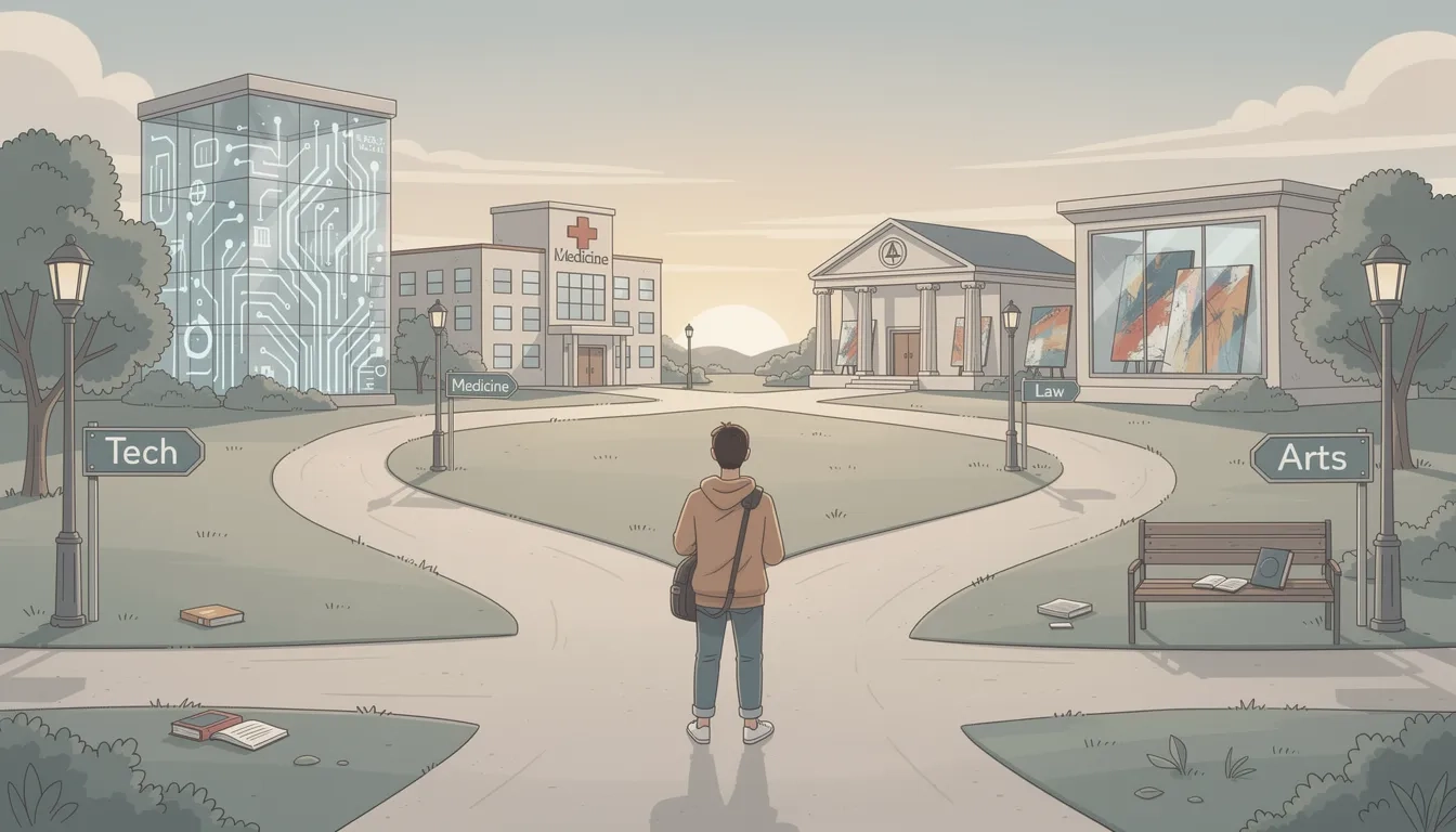 Student standing at a crossroads with multiple career paths branching forward