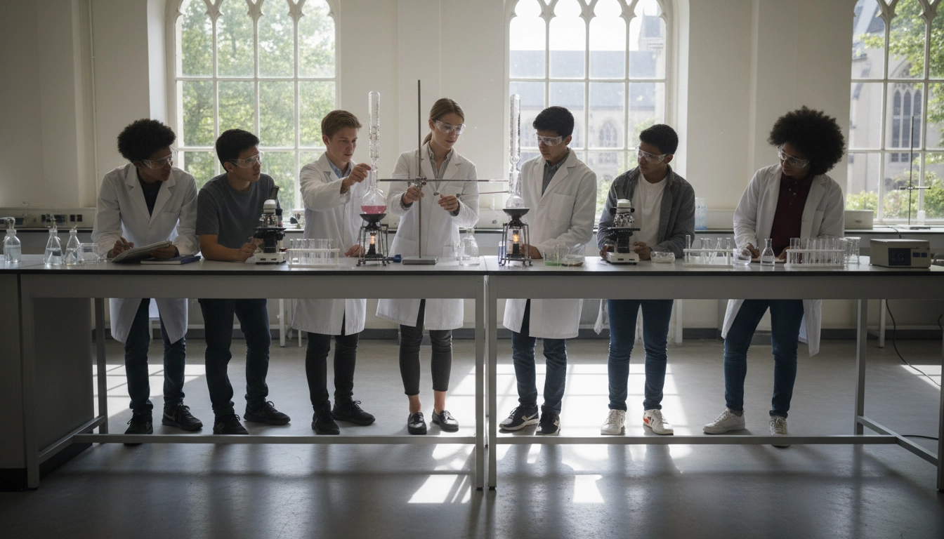 High school students conducting science research in a university laboratory