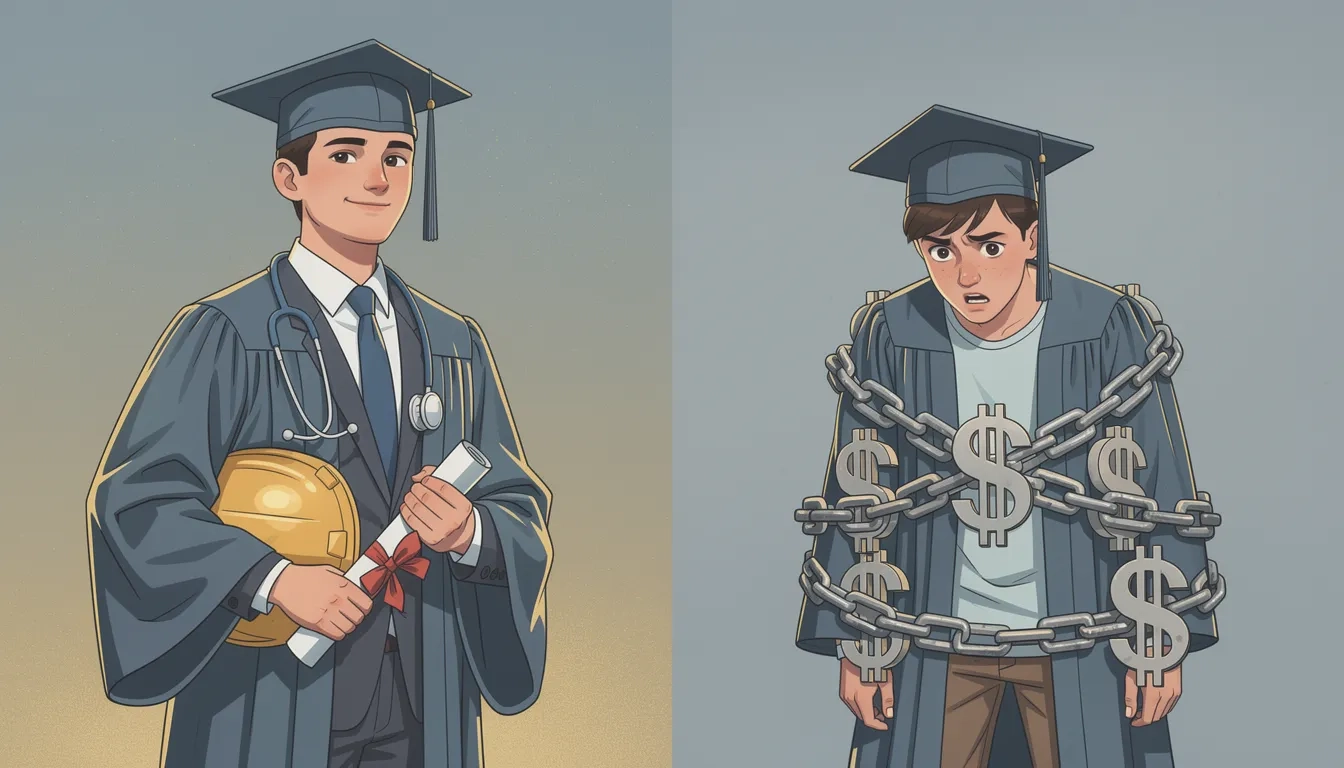 Two college graduates with different debt-to-salary outcomes illustrated side by side