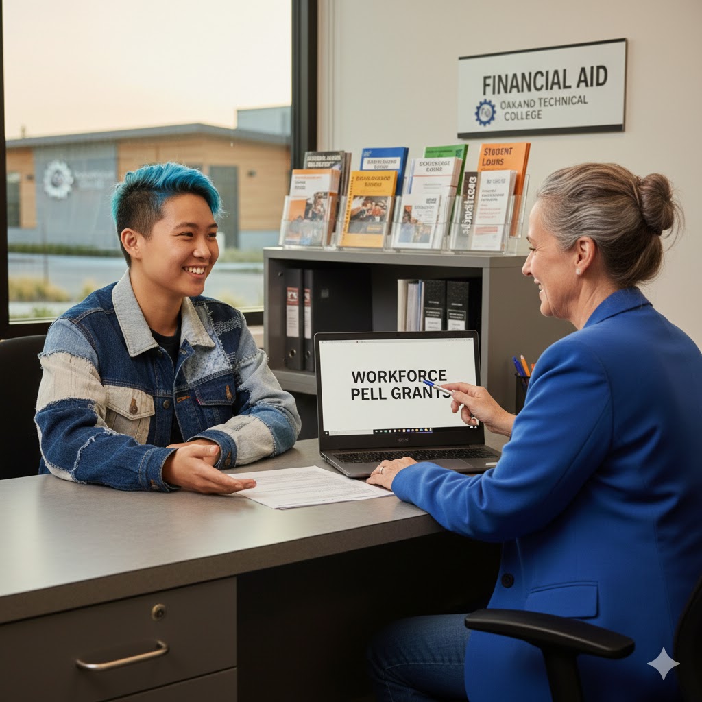 student meeting with financial aid counselor to learn about Workforce Pell to pursue a career in the trades