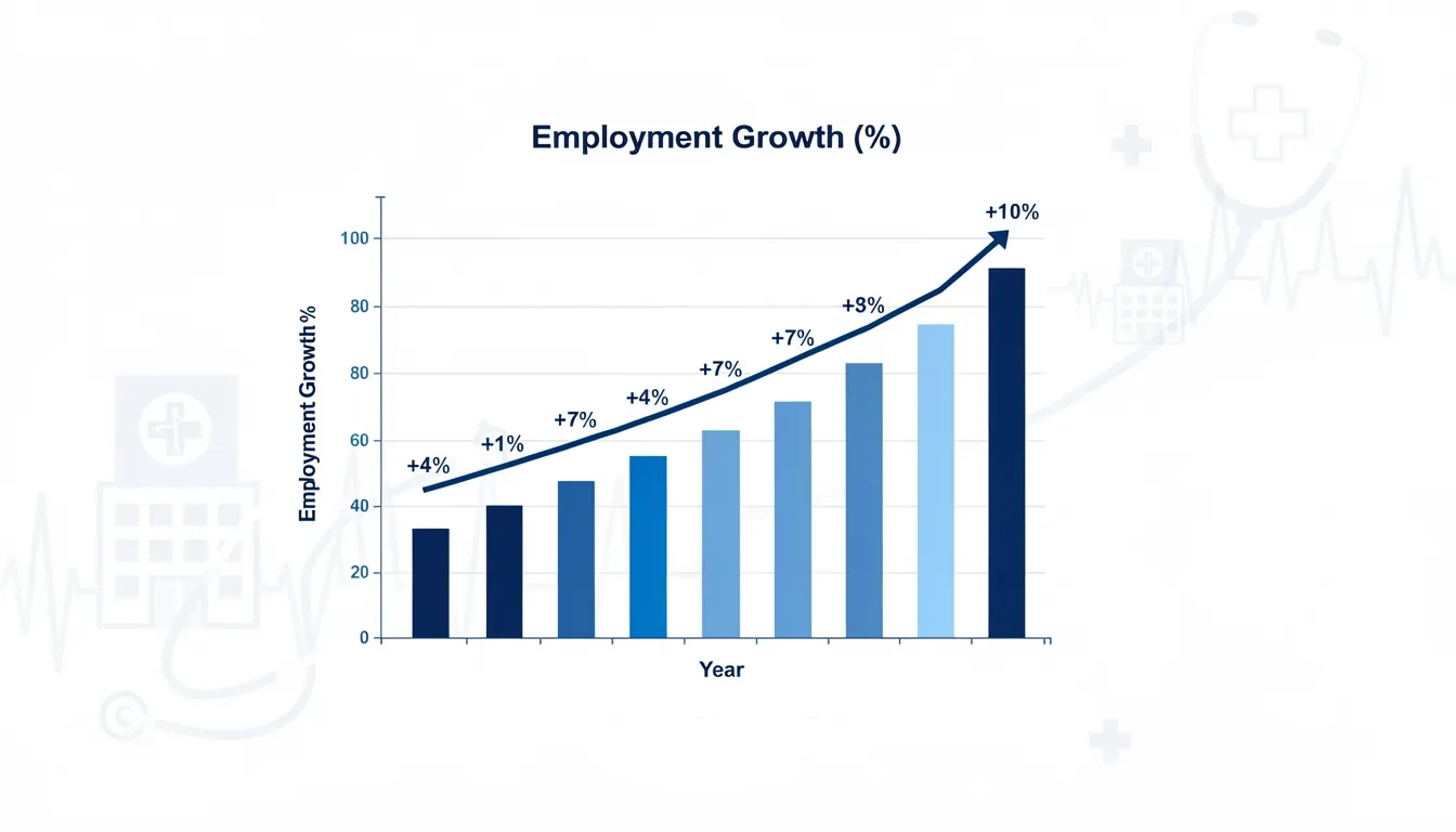 Chart showing healthcare employment growth of 680,500 jobs and 2.9% year-over-year increase from March 2025 to March 2026