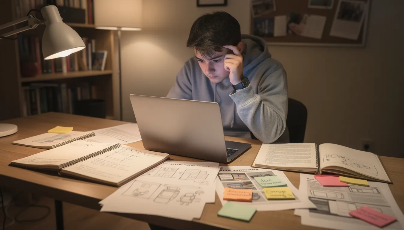 Student sitting at a laptop surrounded by notebooks, sketches, and printed project sheets, looking thoughtful