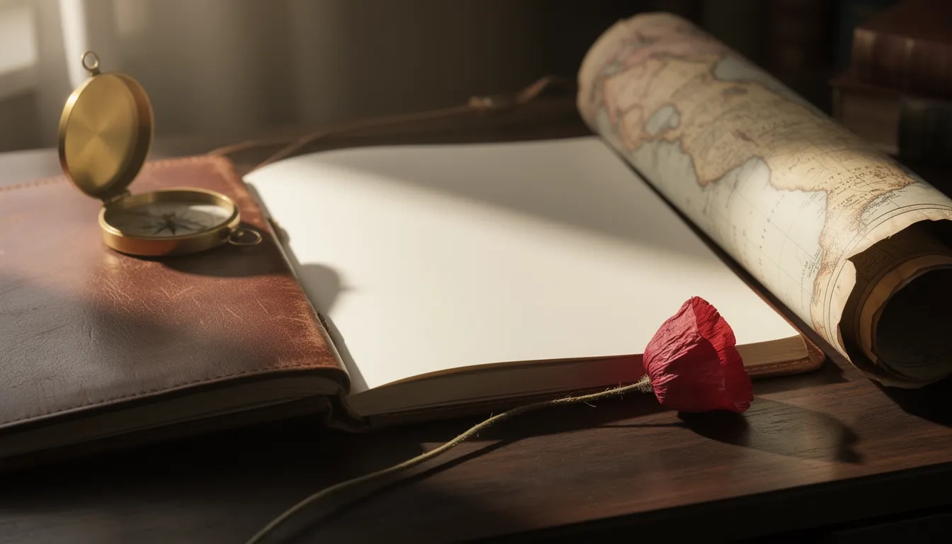 Leather journal, brass compass, and dried poppy on a dark walnut desk in warm amber light