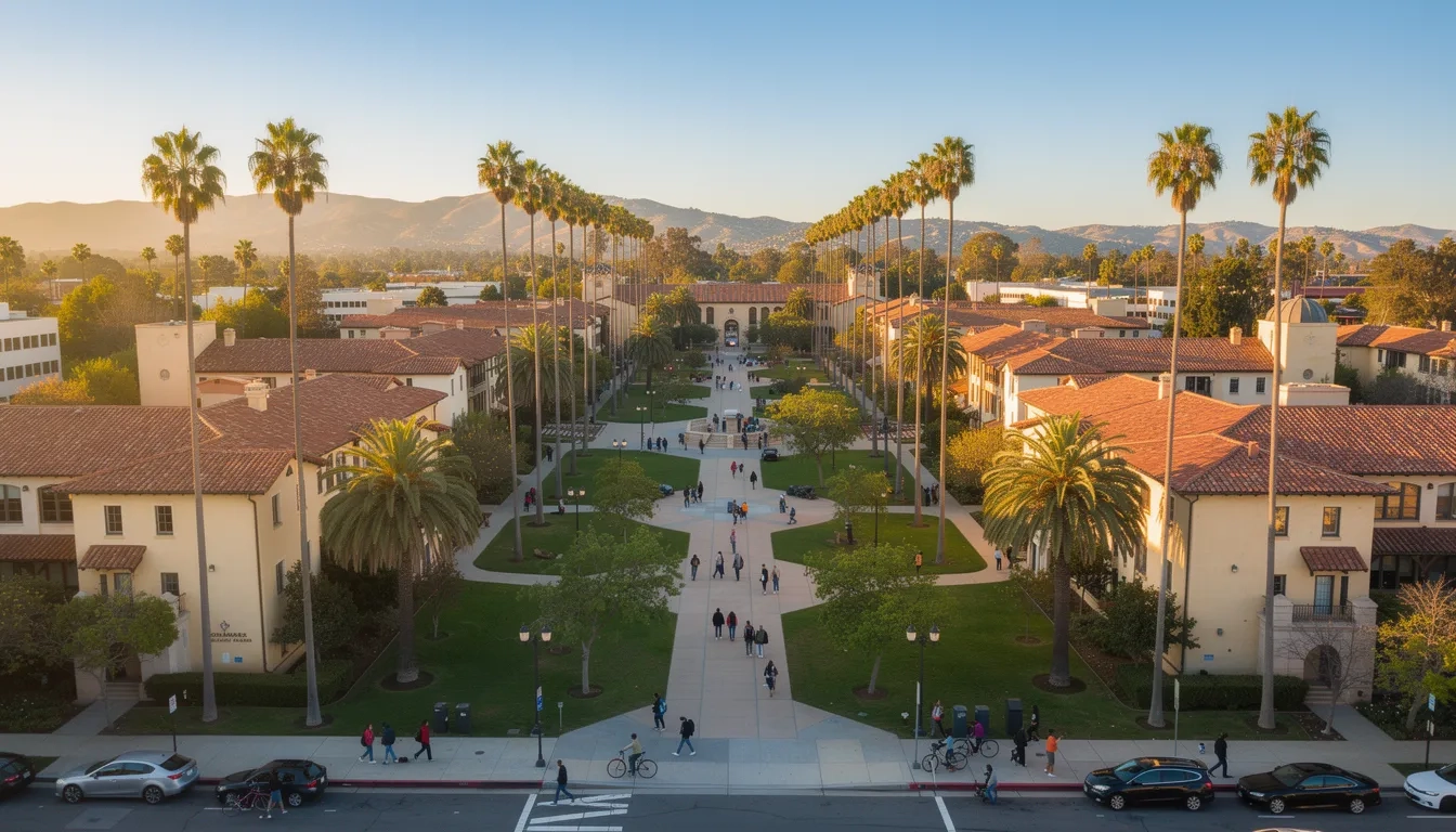 California university campus with students walking between buildings