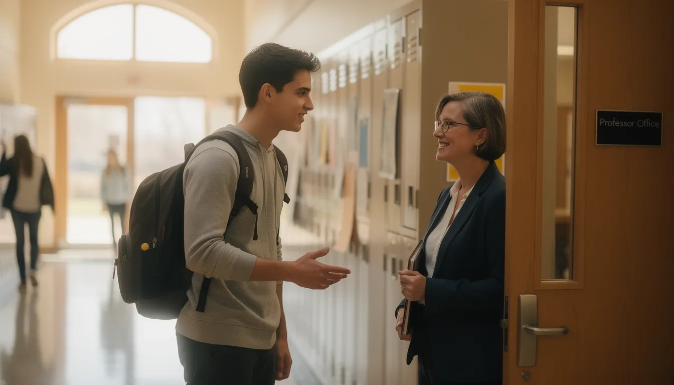 Student having a personal conversation with a professor in a university hallway