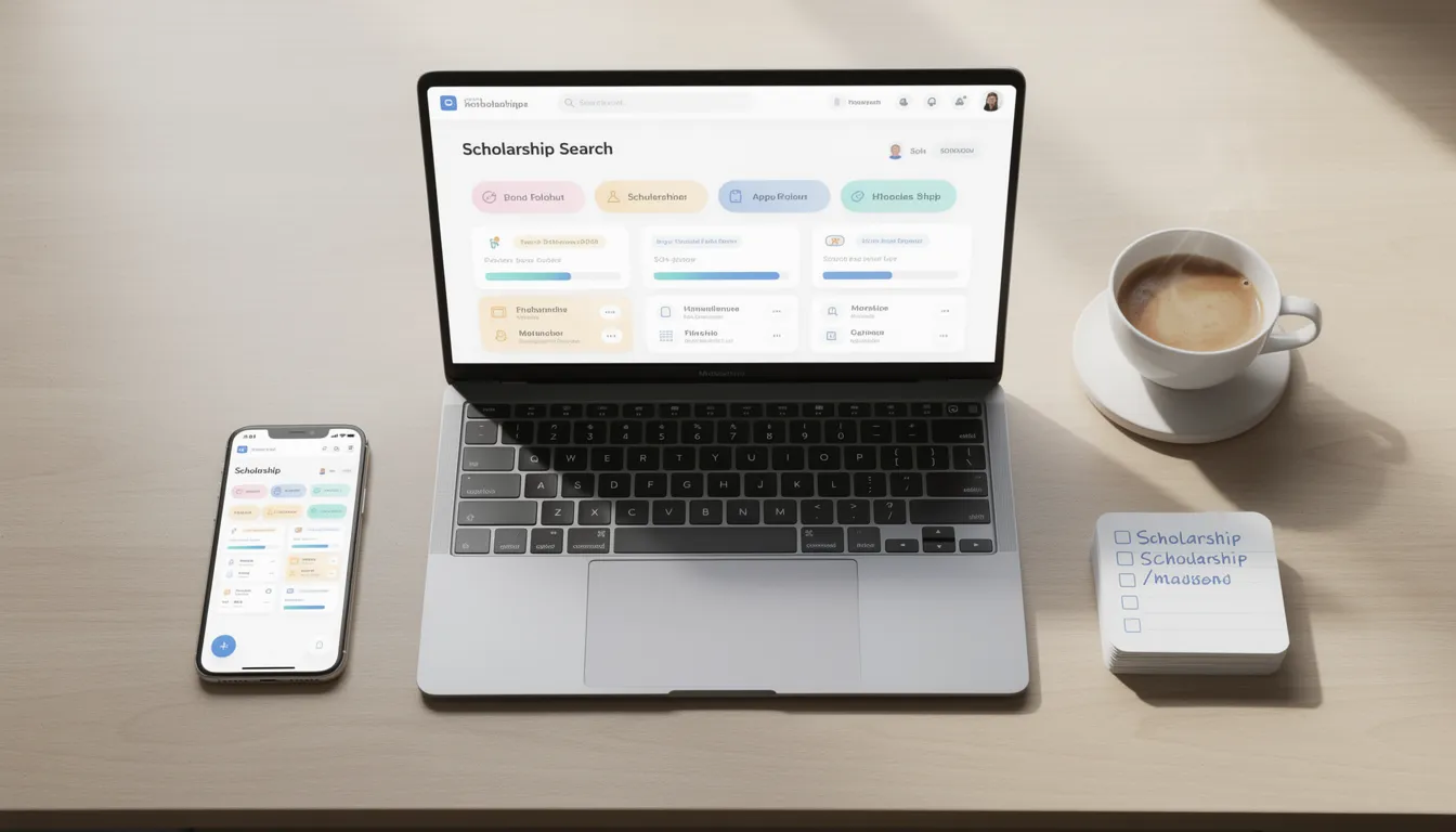 Laptop displaying scholarship search dashboard alongside smartphone and index cards