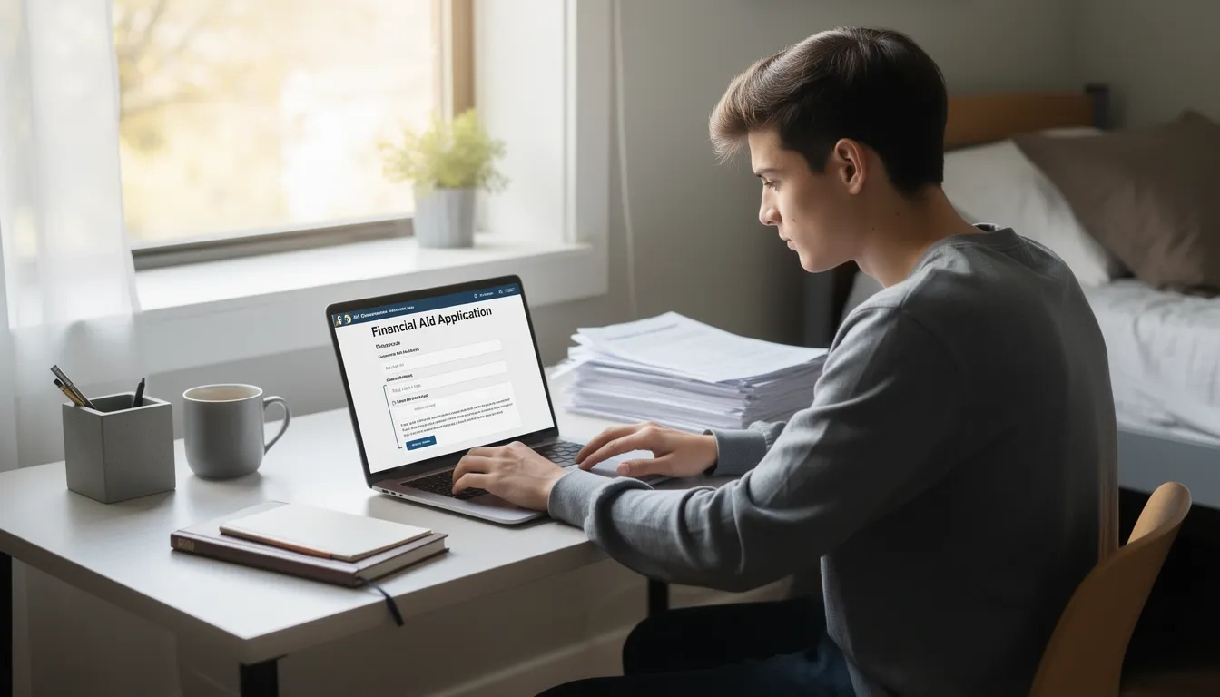 Student completing the FAFSA form on a laptop at a desk with financial documents nearby