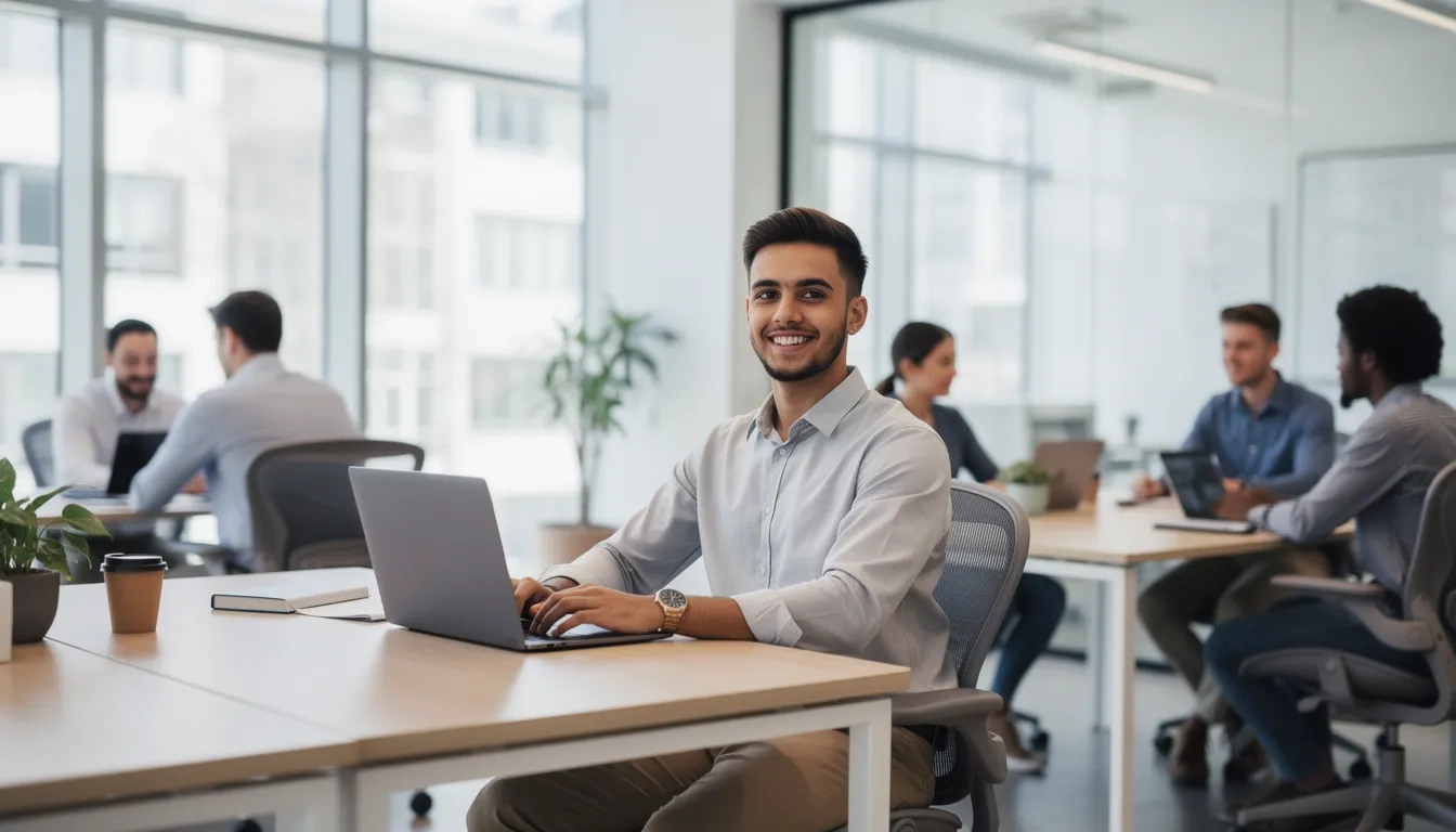 Young professional working as a paid intern in a modern office