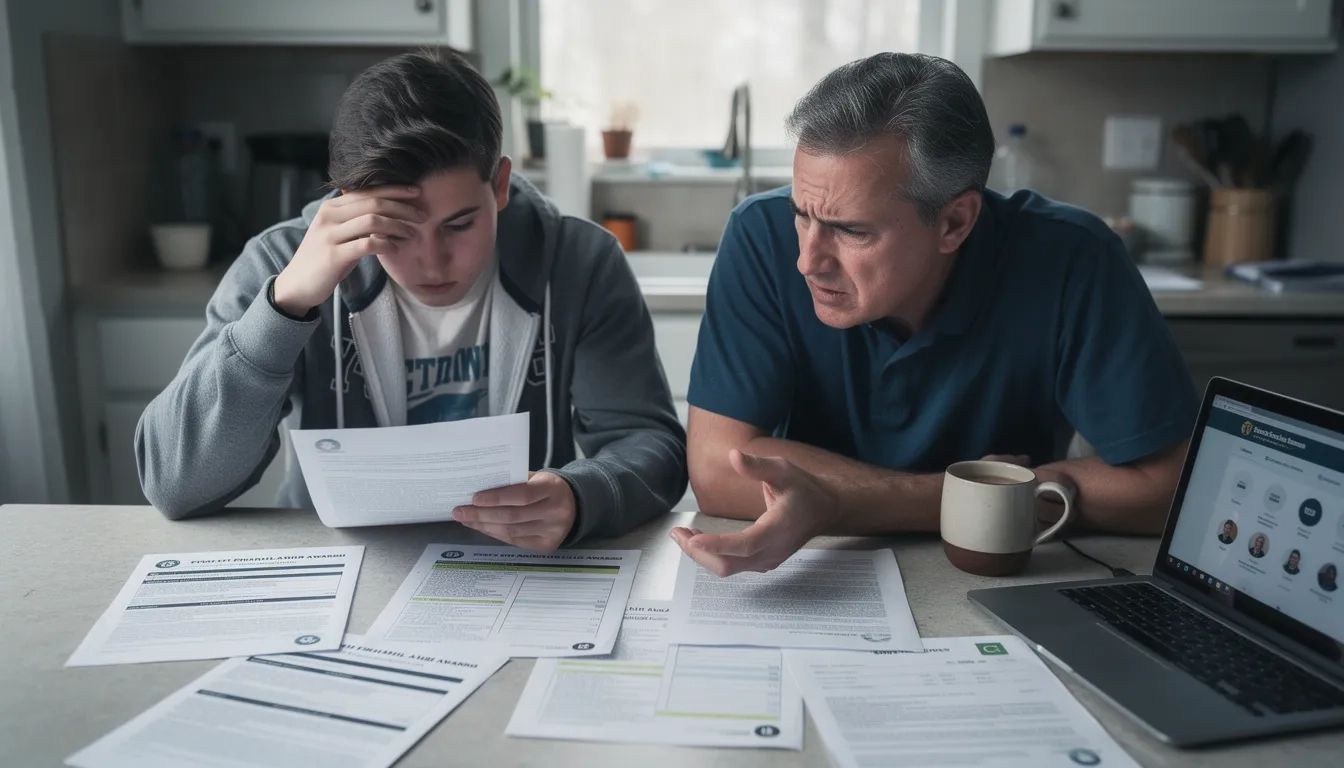 Family comparing multiple college financial aid award letters at a kitchen table
