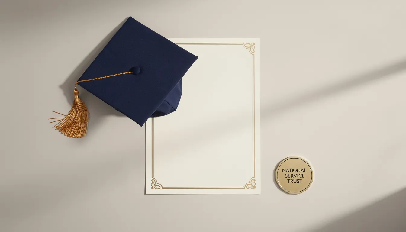 Segal AmeriCorps Education Award certificate concept with National Service Trust logo and academic imagery
