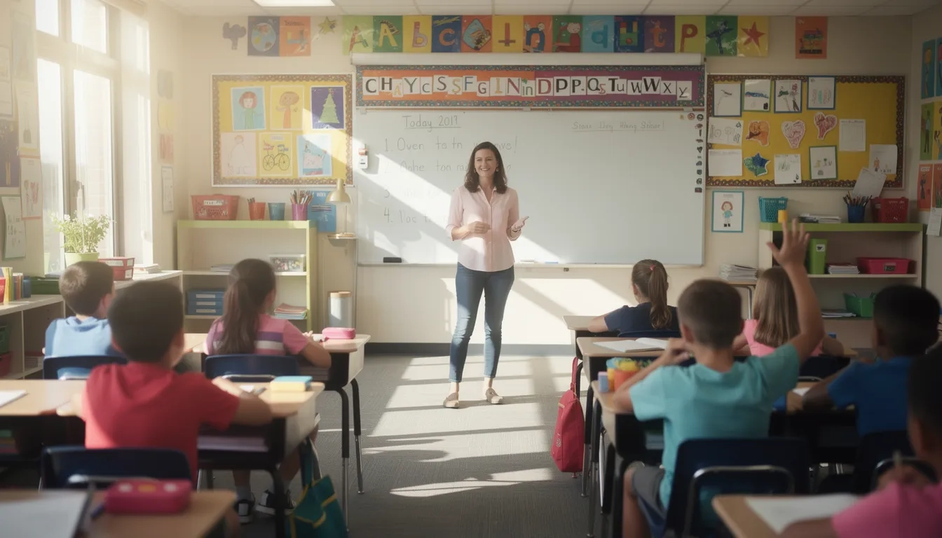 A first-year teacher standing at the front of a bright elementary classroom with students at their desks, warm natural light, sense of commitment and purpose