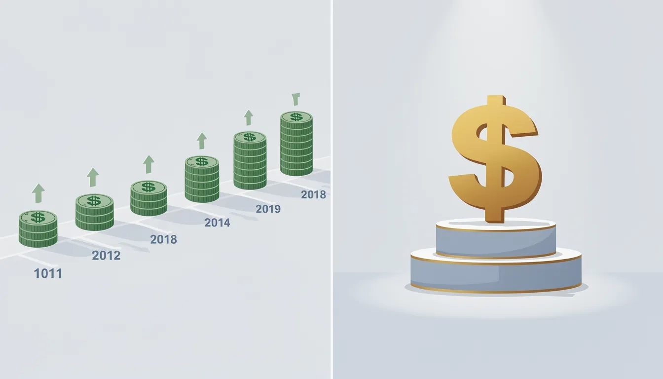 Two paths diverging — one labeled with a repeating annual award, one with a single lump sum — set against a college campus backdrop