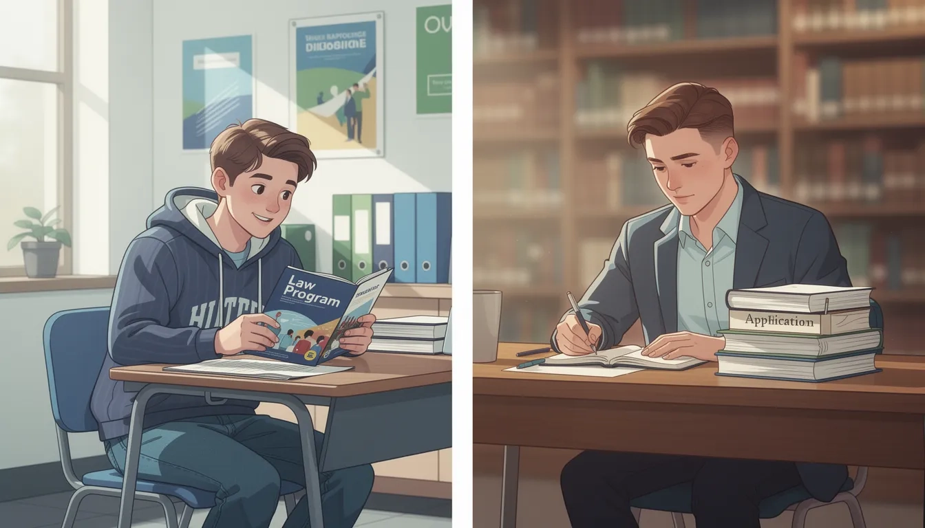 High school student exploring law programs versus a college junior preparing a competitive application