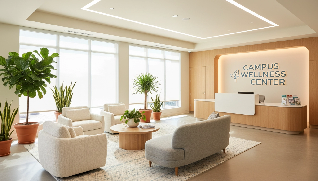 A calm and welcoming campus counseling center reception area