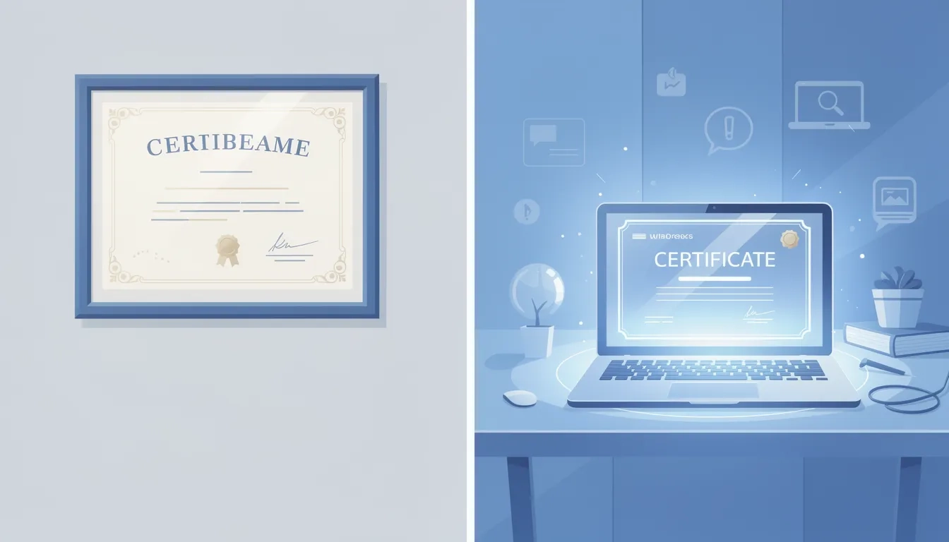 Traditional diploma versus digital certificate representing the shifting value of credentials in 2026
