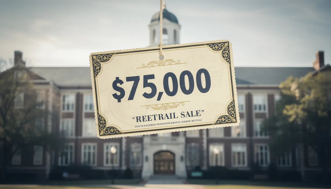 Oversized price tag in front of a college campus representing sticker price vs actual cost