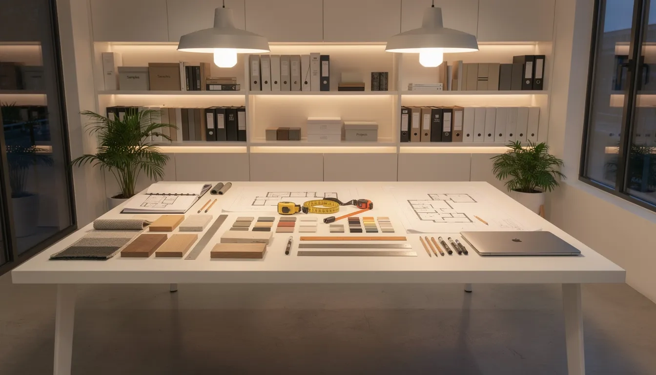 Interior design studio workspace with drafting tools and material samples