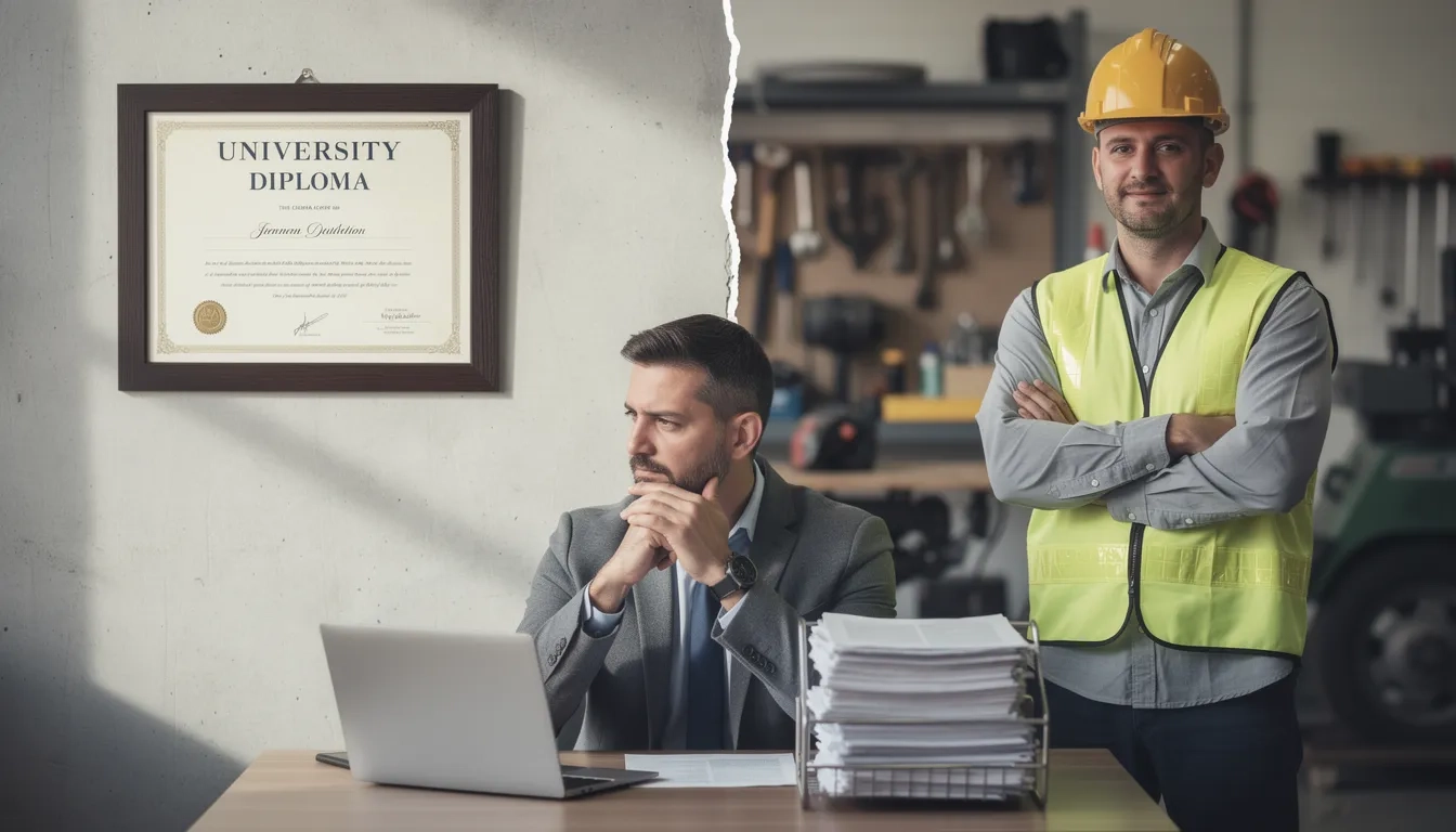 A hiring manager reviewing a resume next to a stack of college diplomas and a help wanted sign