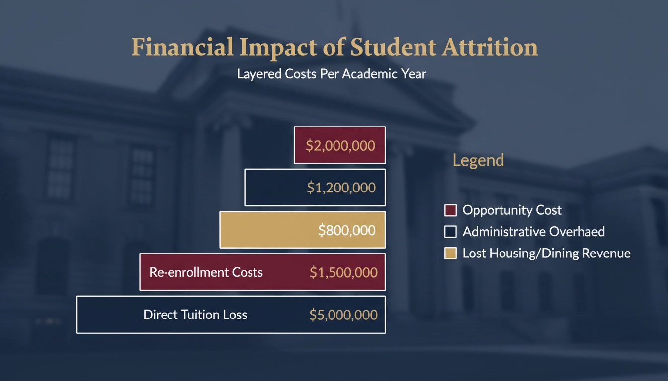Infographic showing the stacked financial costs of losing one student, broken down by tuition, fees, housing, and administrative expense layers
