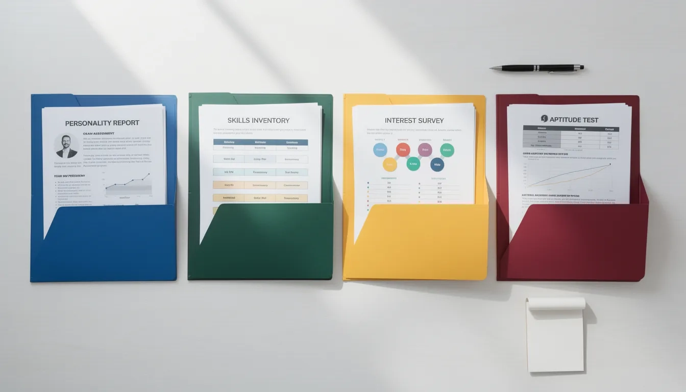 Four types of career assessment tools laid out on a desk