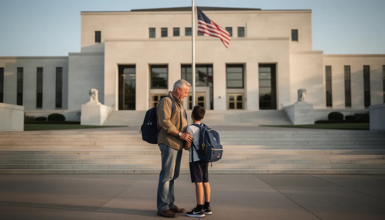 VA building with American flag and veterans with family