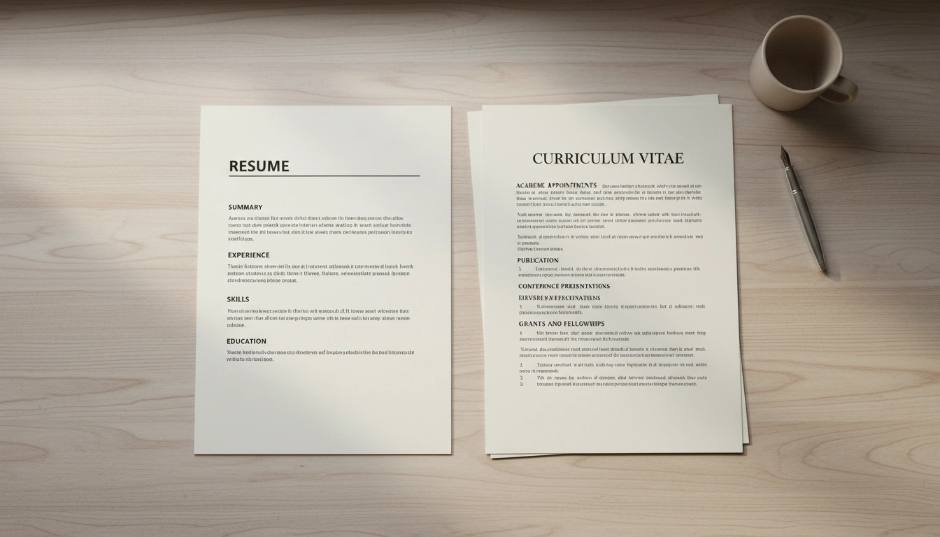 A resume and a curriculum vitae placed side by side showing their visual differences in length and format