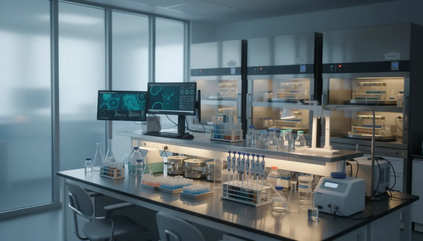 Modern biomedical research laboratory interior with gleaming equipment and blue-toned lighting