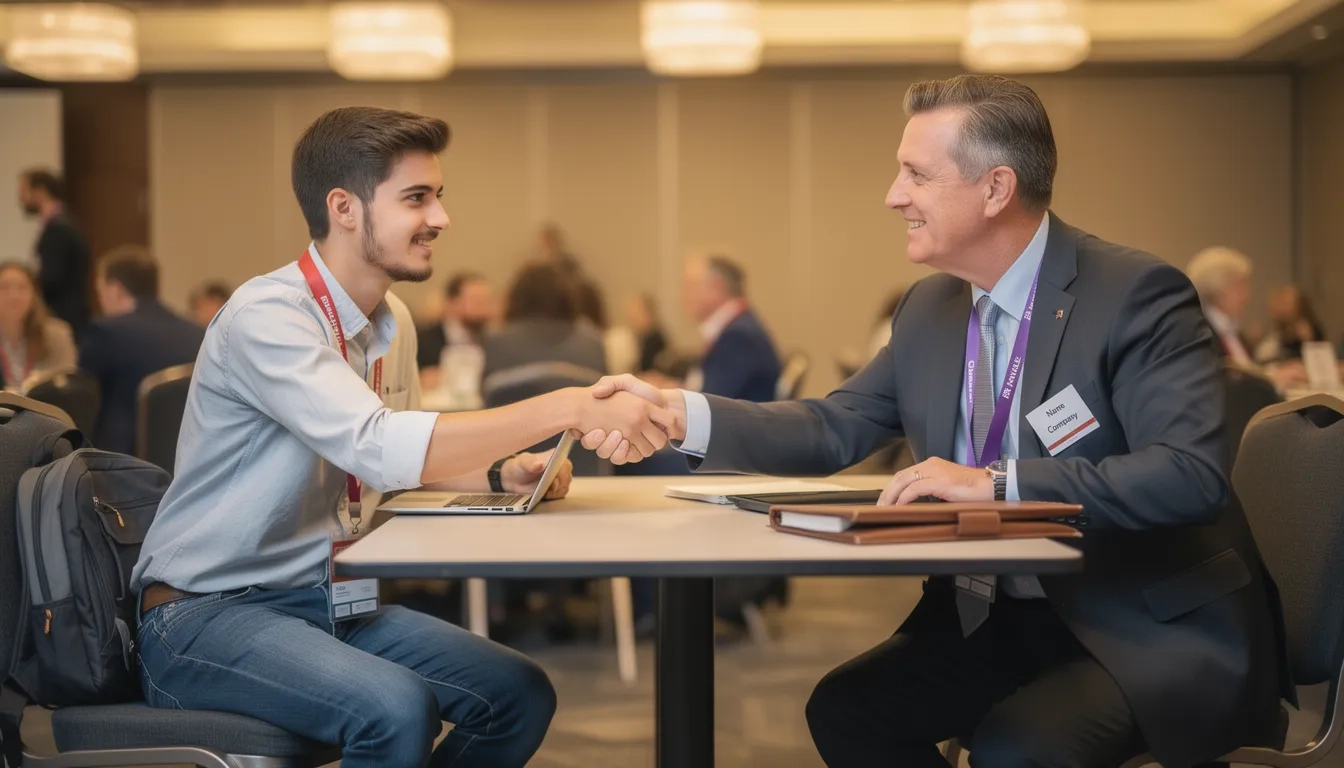 College student networking with a professional at an industry event