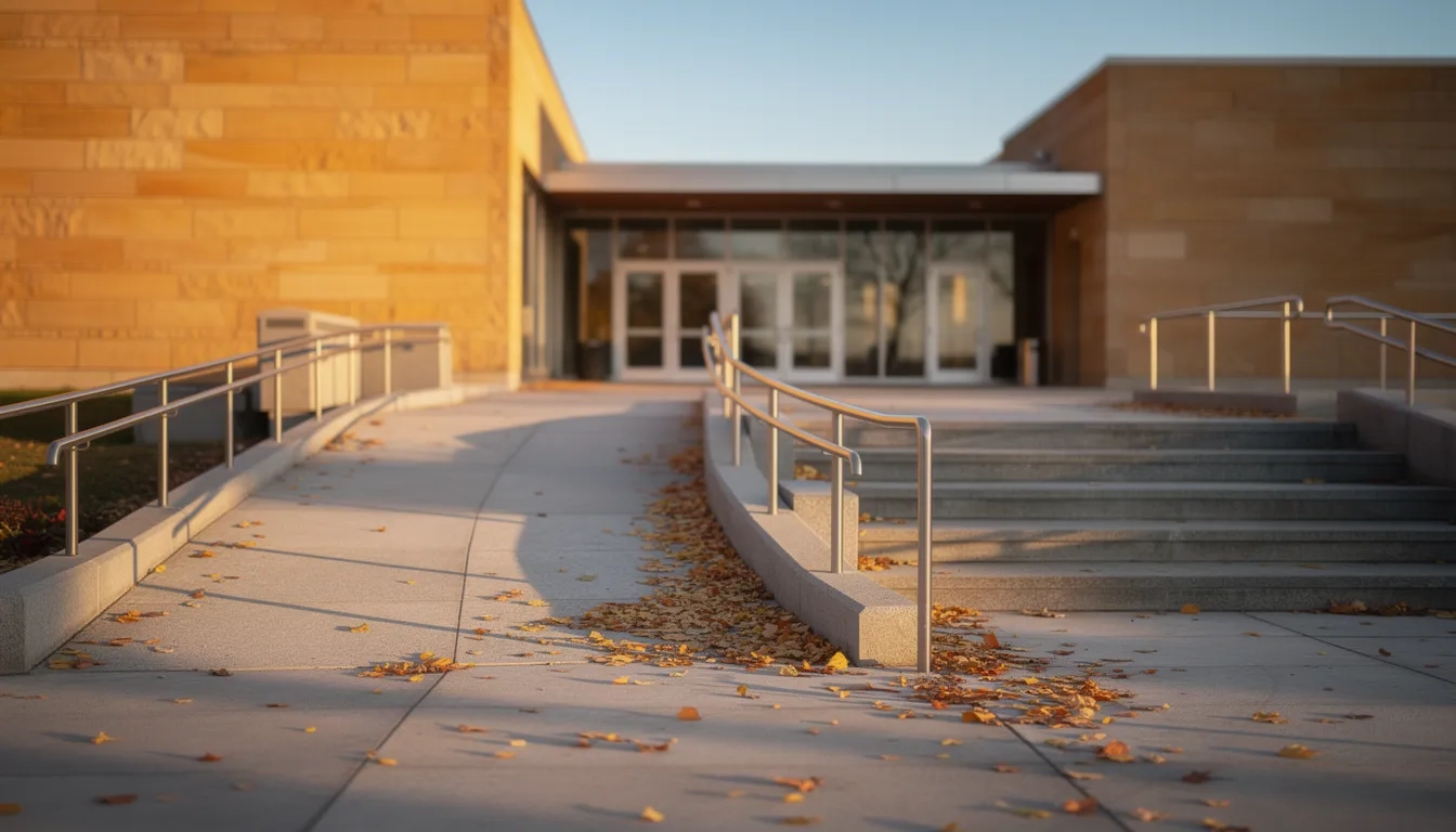 Accessible ramp leading into a sunlit university building entrance