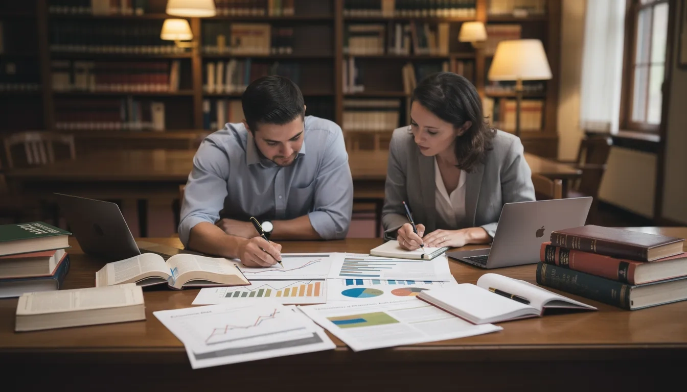 Economists reviewing research data on college outcomes