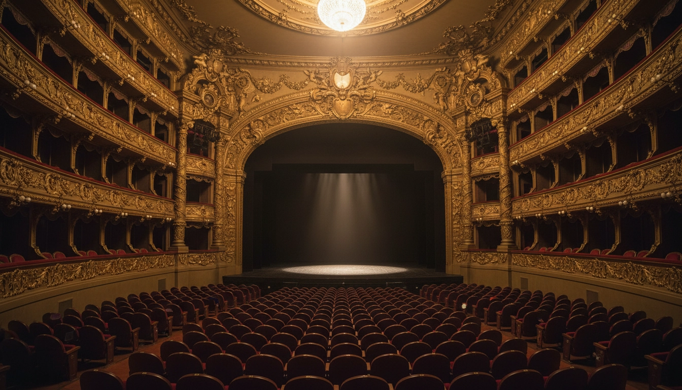 Empty theater with a spotlight on center stage