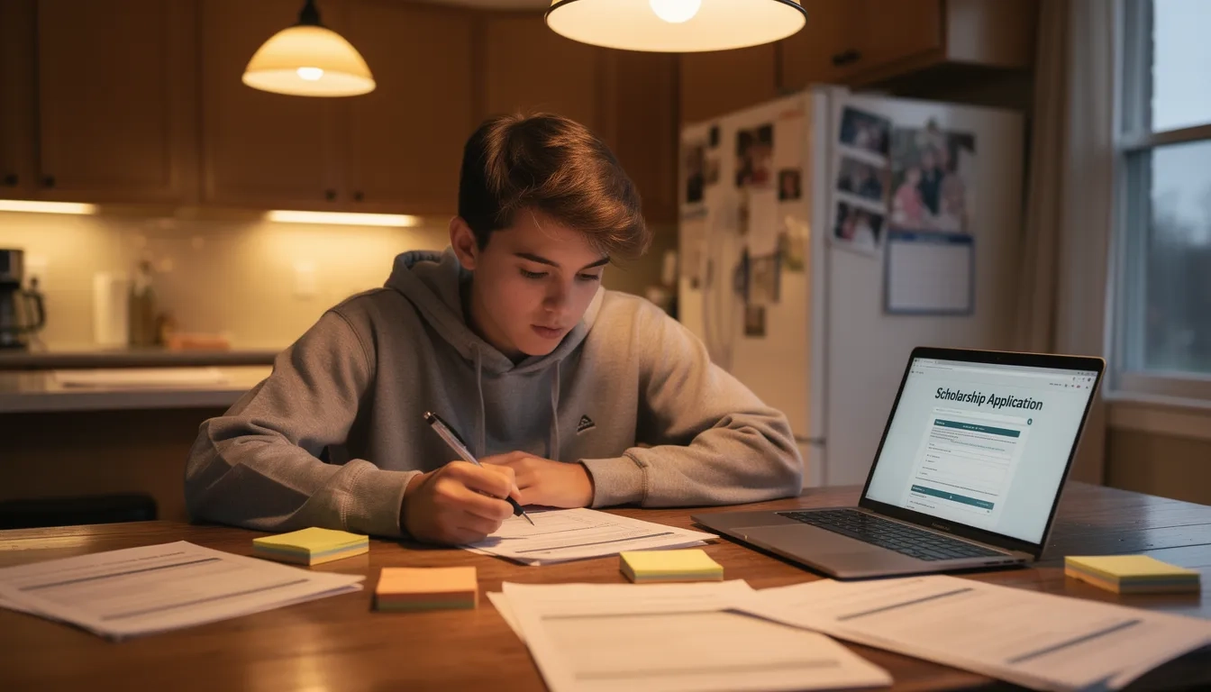 Student working on scholarship applications at home