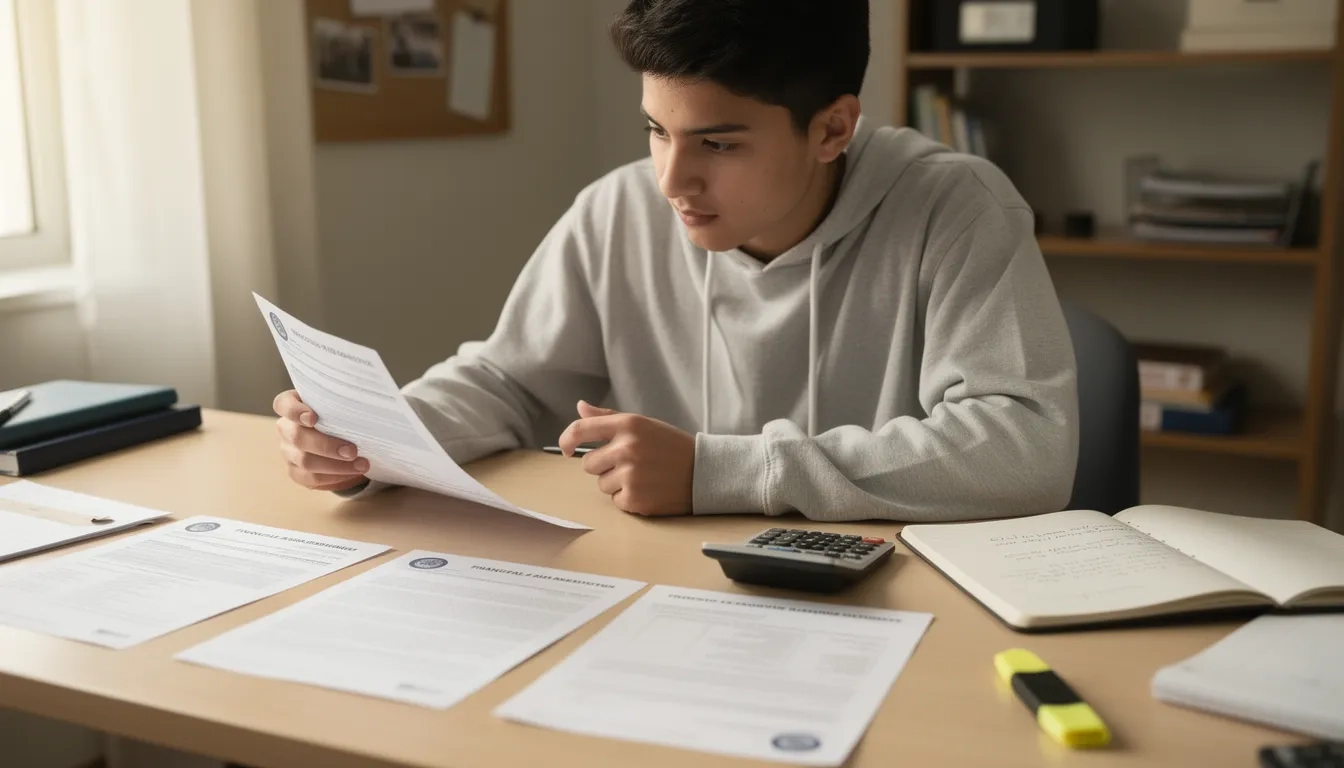 A student reviewing multiple college financial aid award letters spread across a desk, with a calculator and notebook nearby