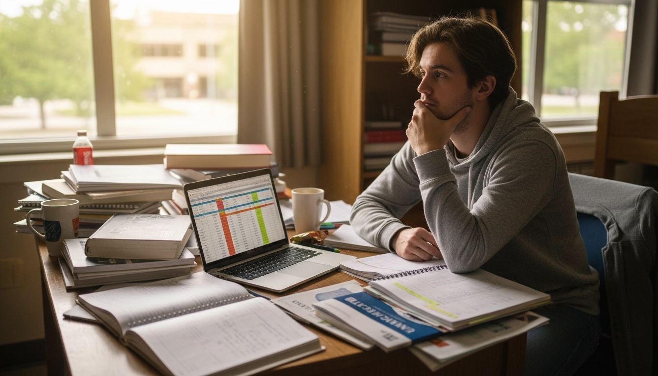 College student overwhelmed with major decision paperwork