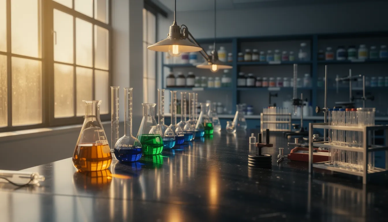 University chemistry laboratory with glowing colorful flasks on a black stone bench at golden hour