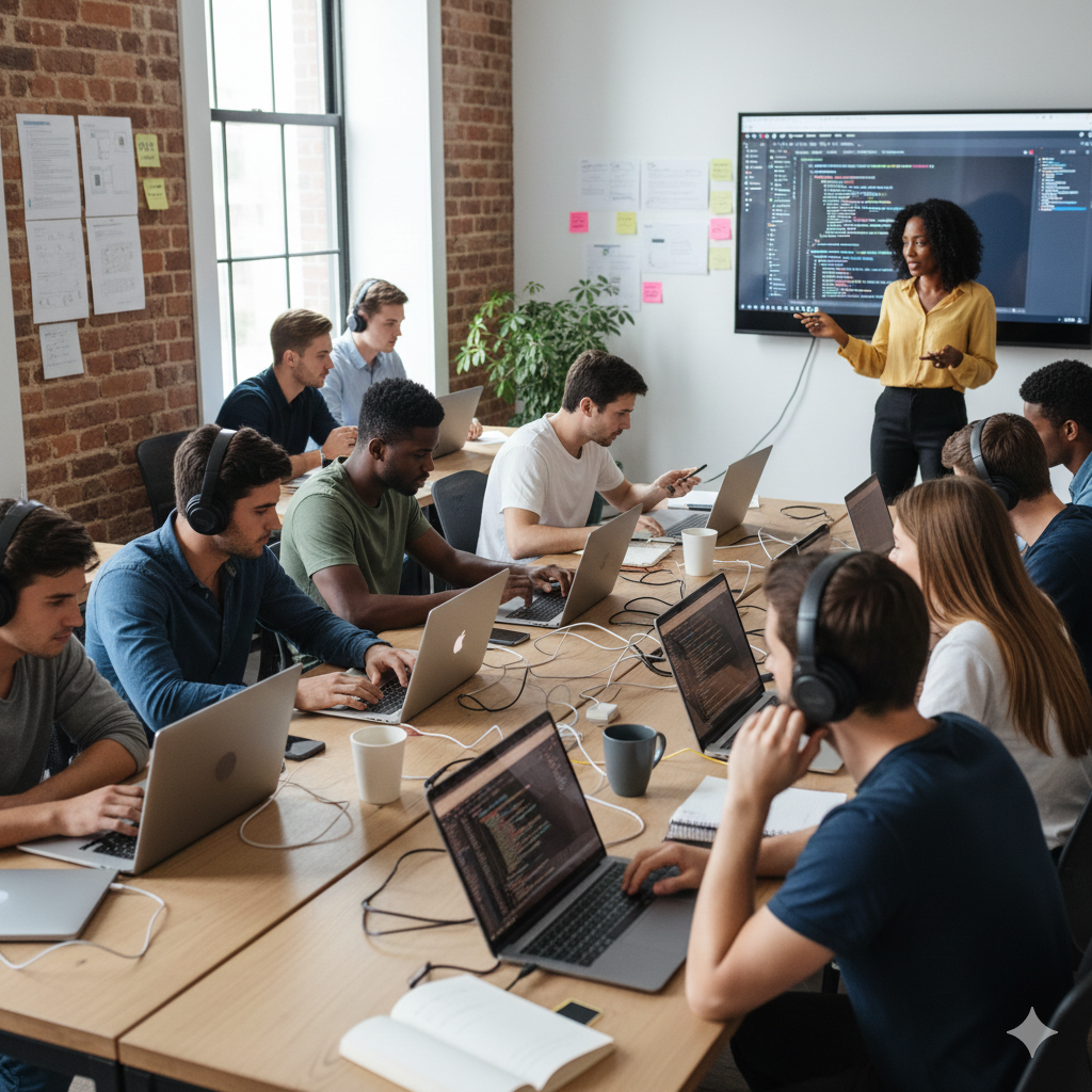 Students attending a coding bootcamp